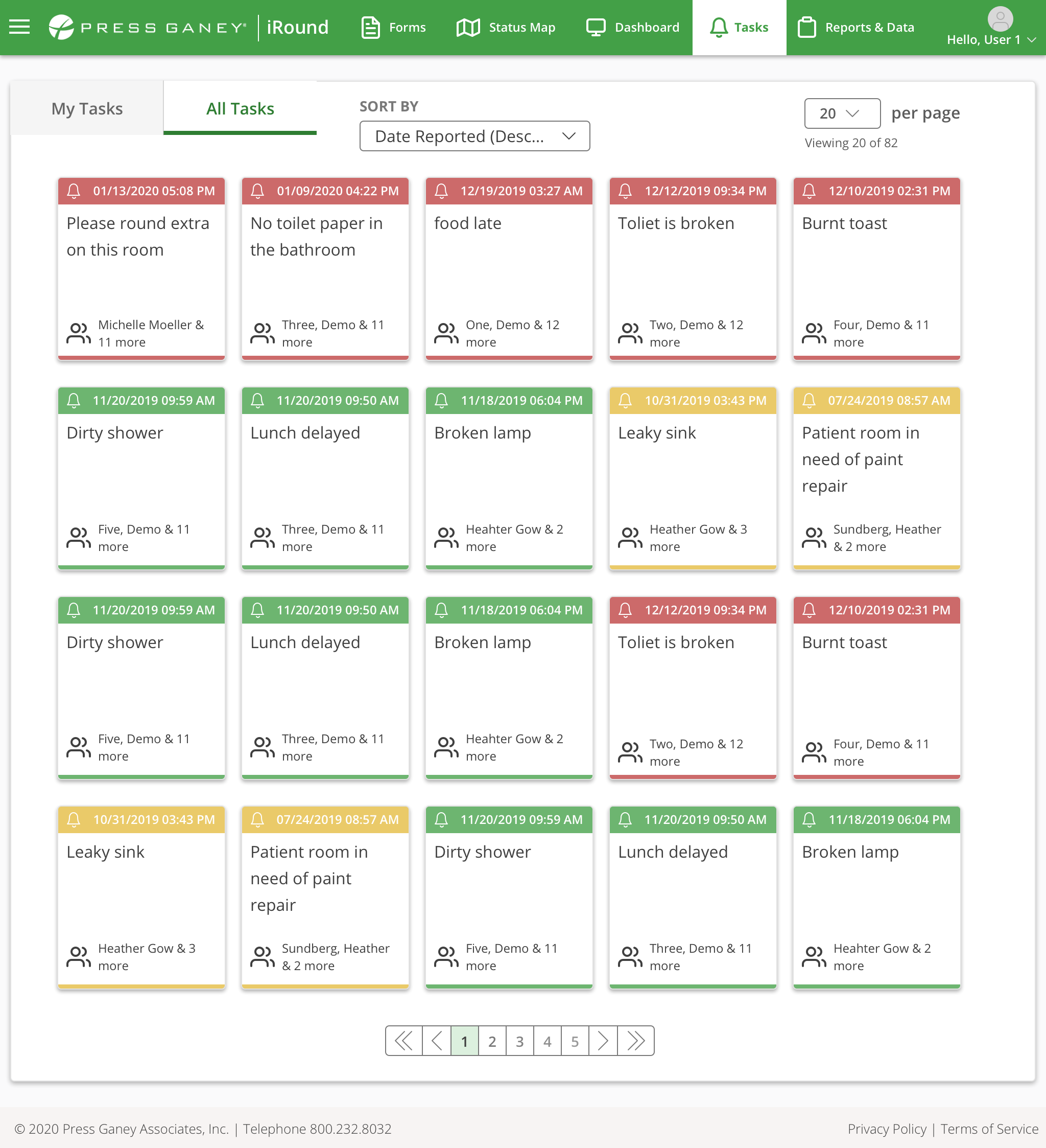 Desktop screenshot of the Press Ganey iRound All Tasks list showing rounding issues sorted by date reported