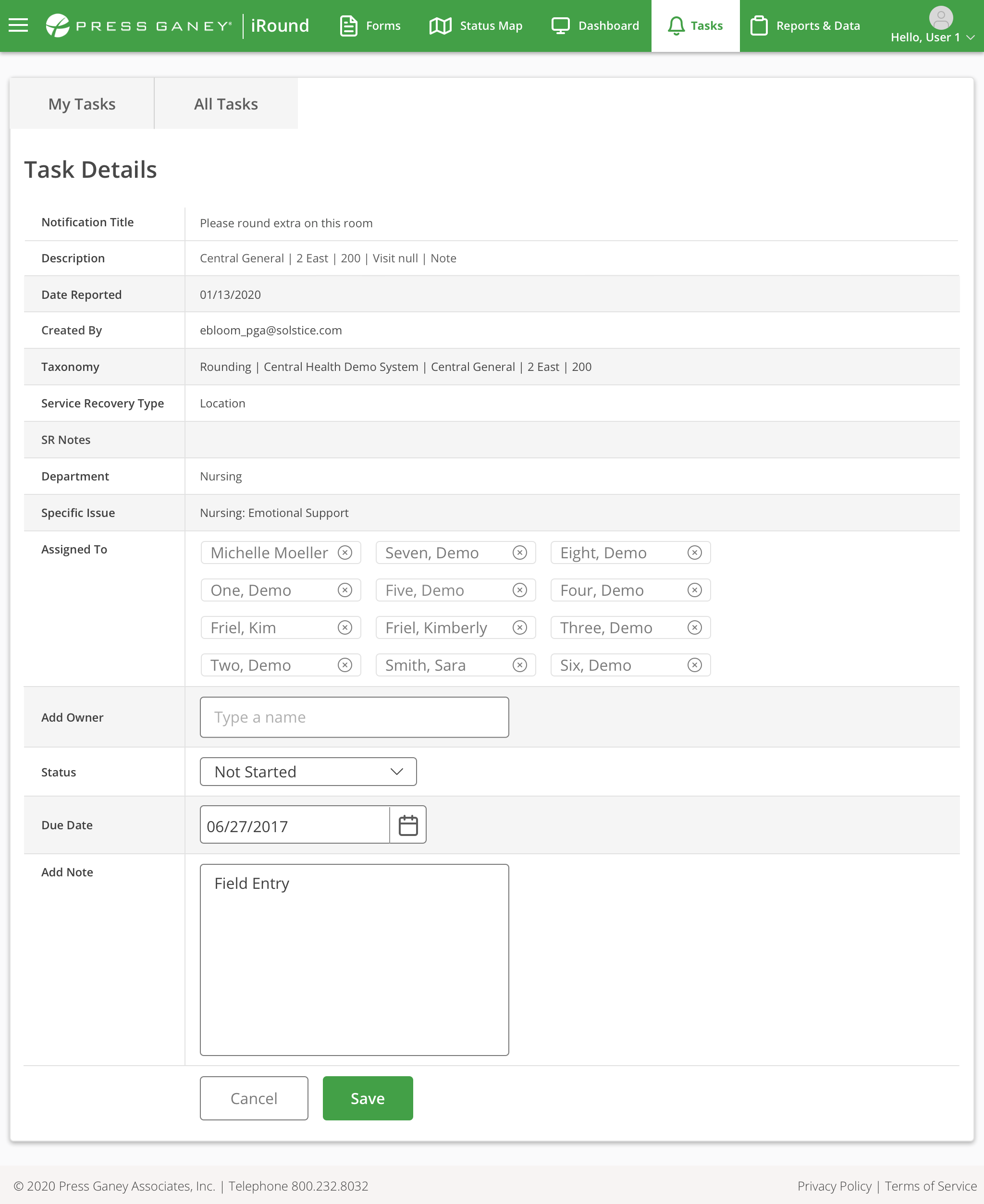 Desktop screenshot of the Press Ganey iRound Task Details screen showing a rounding notification with assignment and status fields