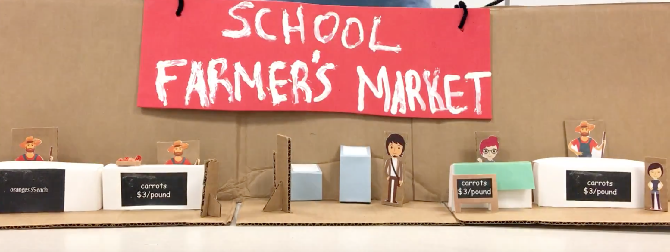 Low-fidelity prototype of a School Farmer's Market booth setup with cardboard stalls, pricing signs, and cutout vendor figures