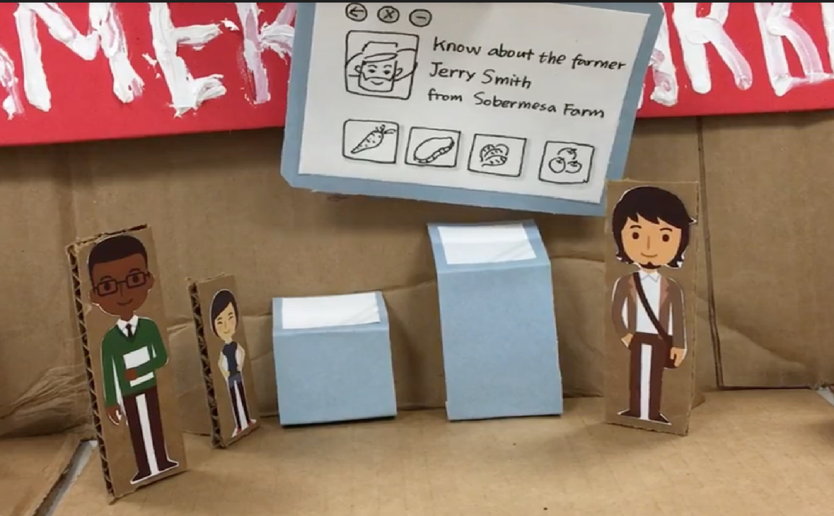 Low-fidelity paper prototype scene showing a speech bubble introducing a farmer character named Jerry Smith alongside student cutout figures