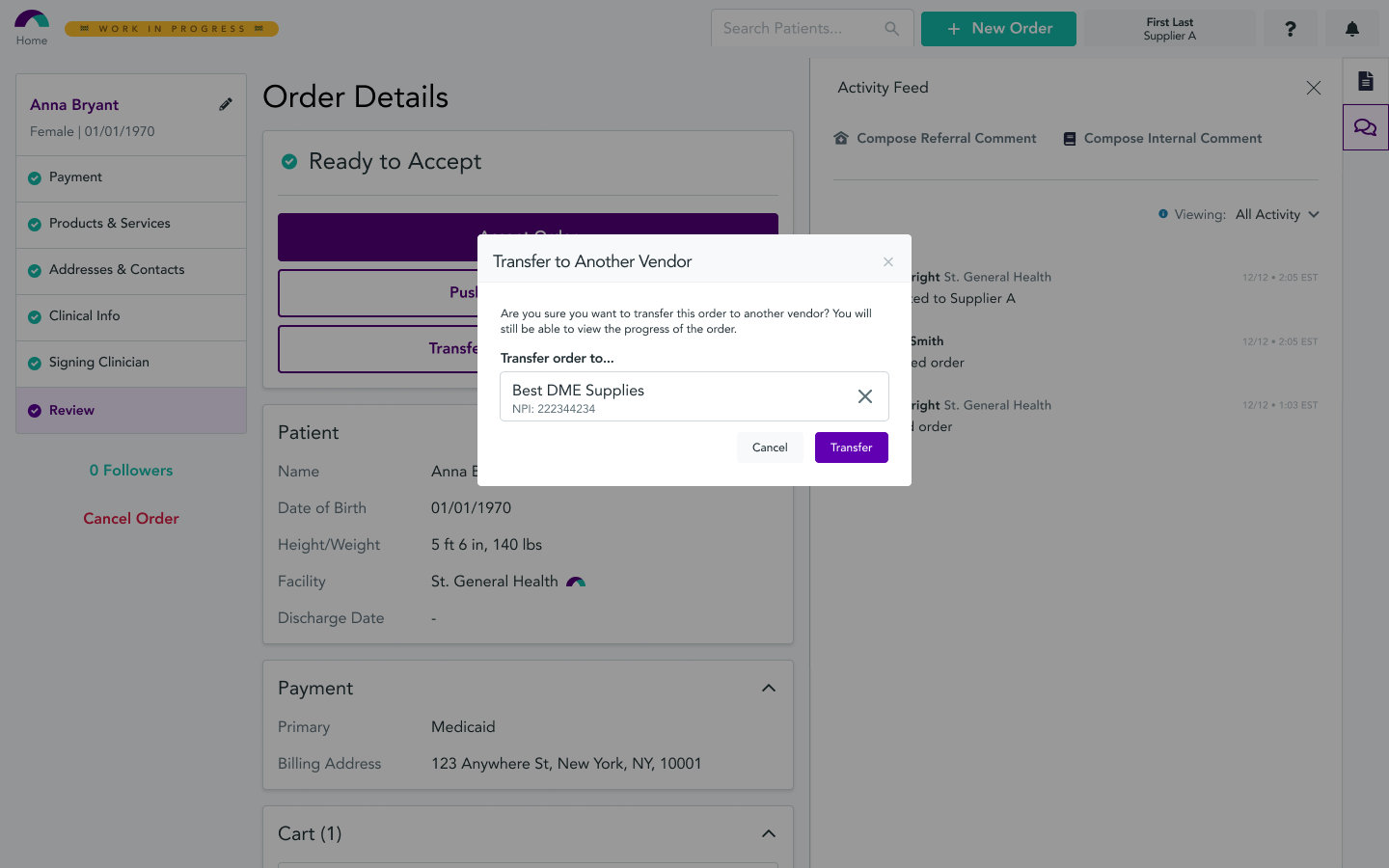 Screenshot of the Supplier Transfer platform's Order Details screen with a Transfer to Another Vendor modal open