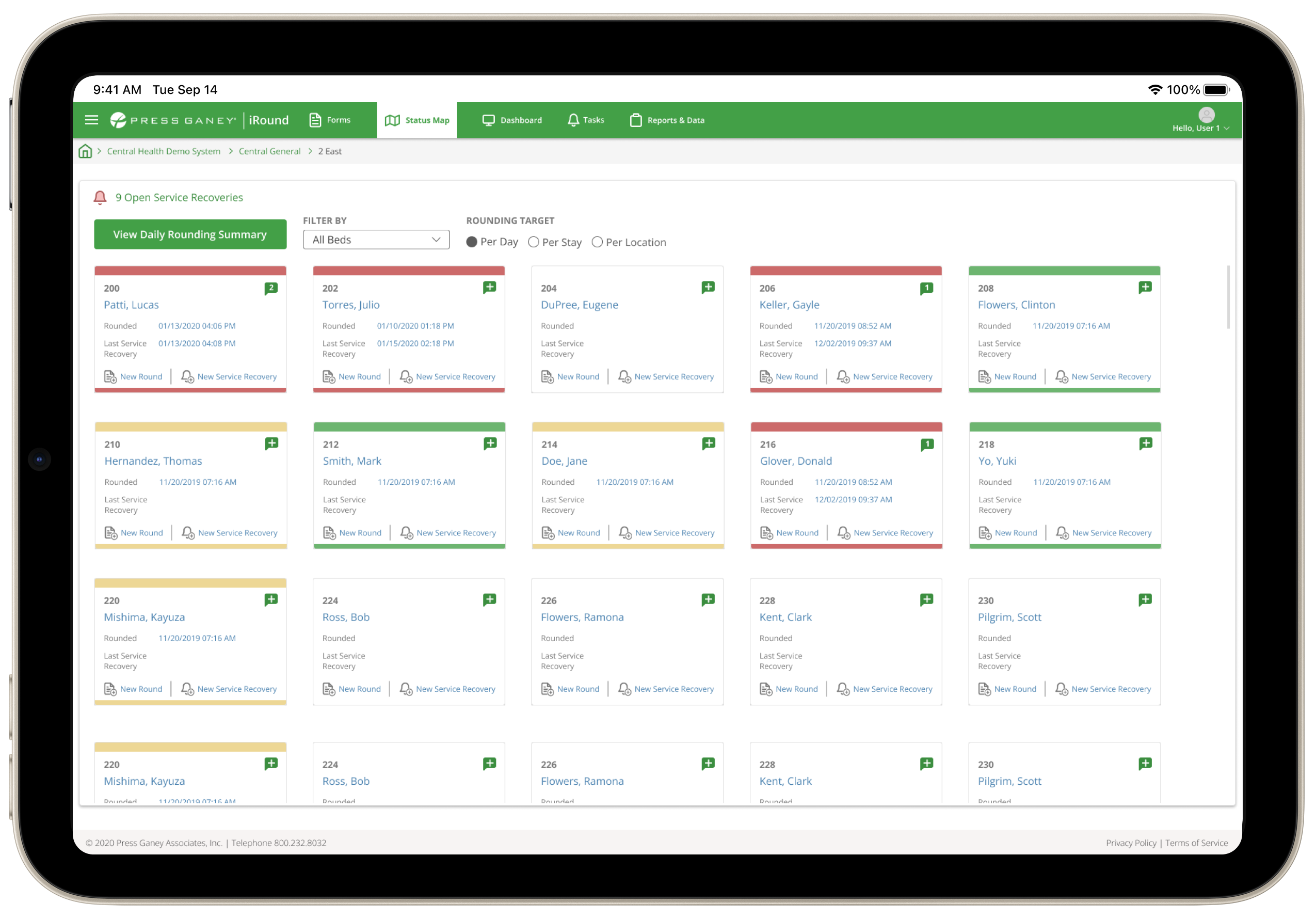 Tablet screenshot of the Press Ganey iRound dashboard listing patients with open service recoveries