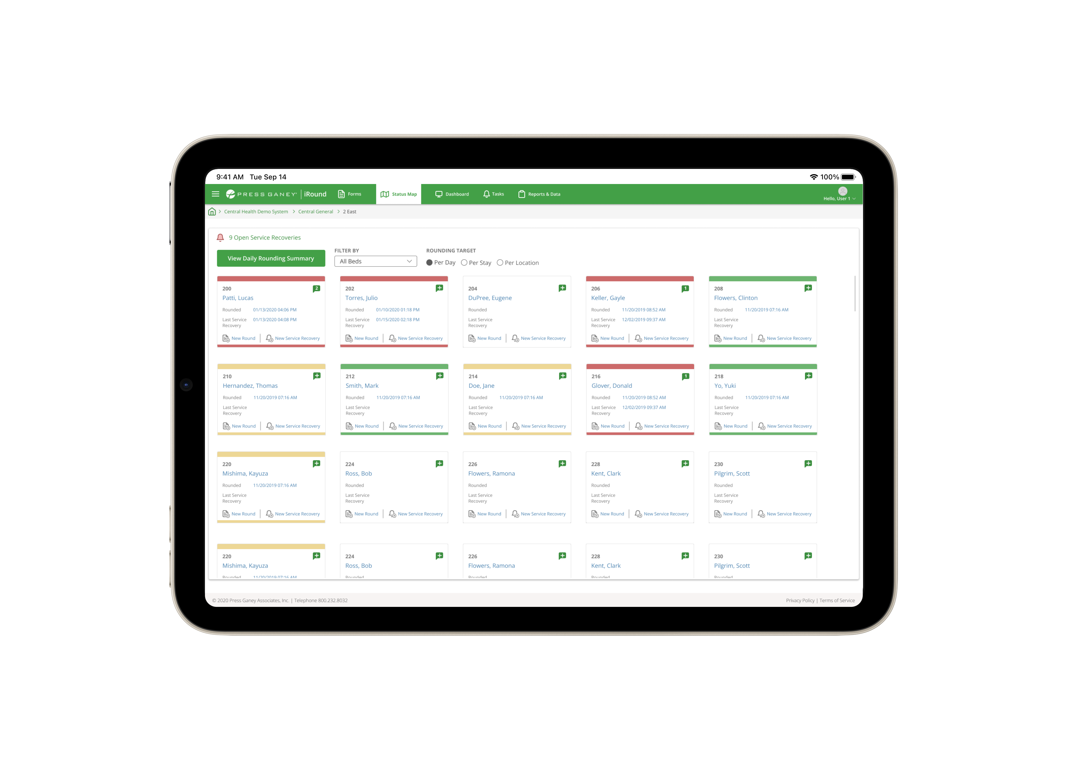 Tablet screenshot of the Press Ganey iRound patient rounding dashboard showing color-coded patient status cards