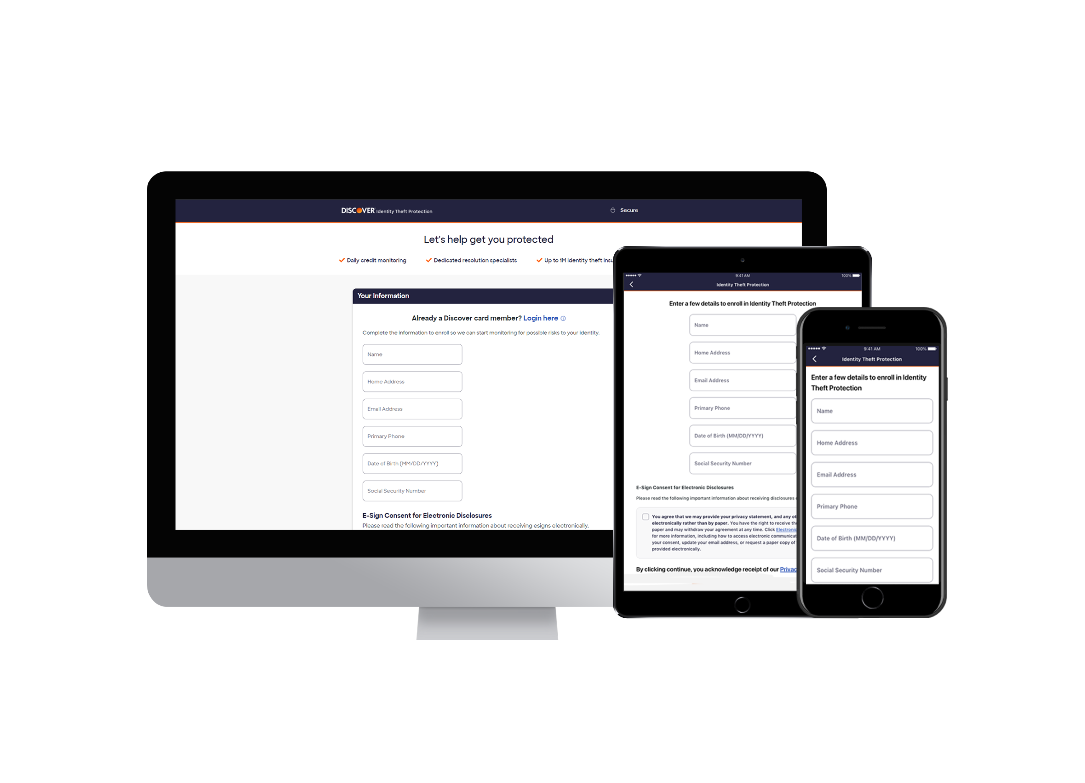 Discover Identity Theft Protection enrollment form shown across desktop, tablet, and mobile screens