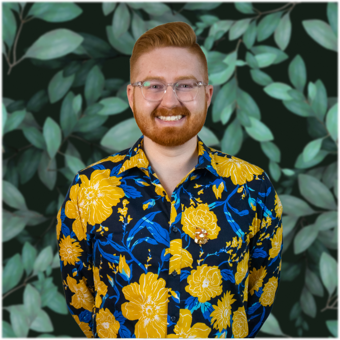 Portrait of Fox, Experience Designer, smiling in a floral shirt against a green leaf background