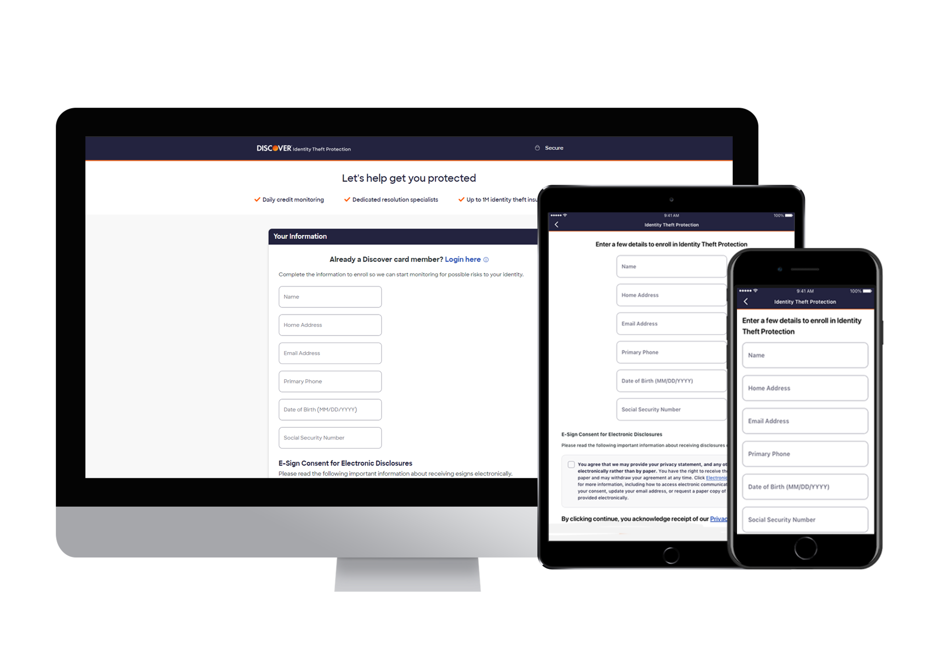 Discover Identity Theft Protection enrollment form shown across desktop, tablet, and mobile screens