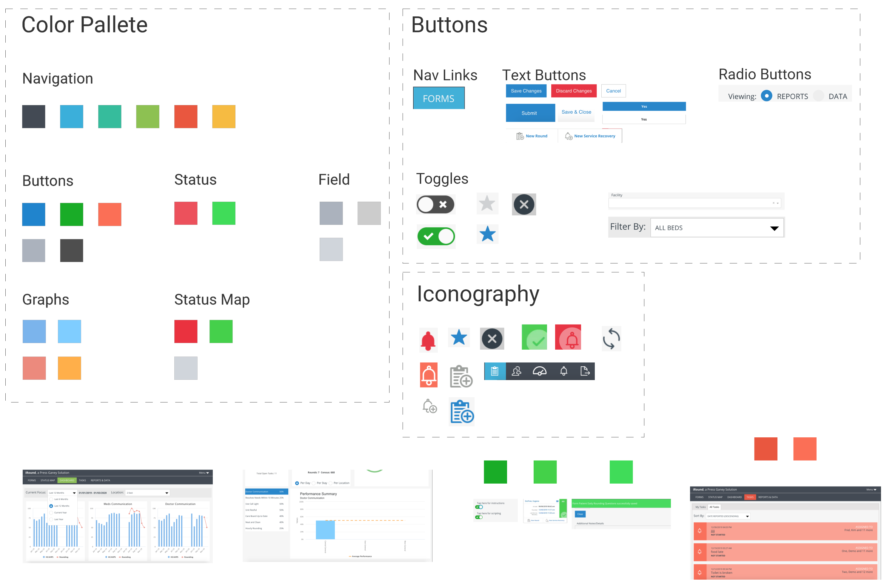 Design system artboard showing color palette, buttons, toggles, status indicators, and iconography