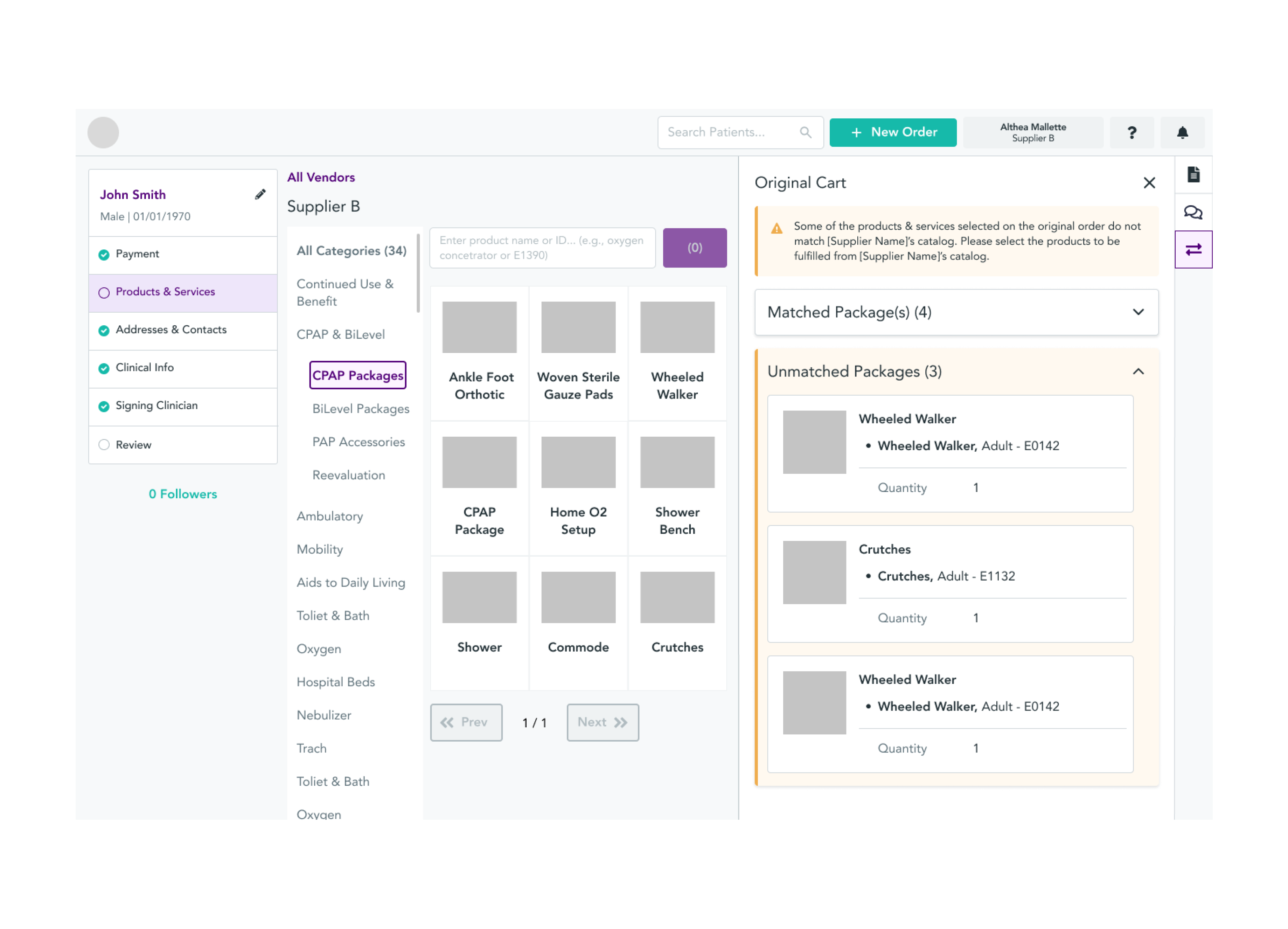 Screenshot of the Supplier Transfer platform showing a patient's product and service cart with matched and unmatched package alerts