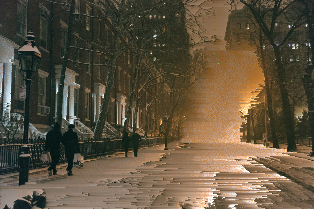 Glitch art of a snowy, tree-lined city street at night, with warm light smeared into horizontal streaks across the road