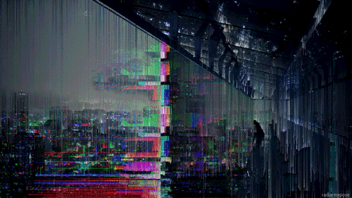 Animated glitch art of a city skyline at night seen through a window, with vertical streaks of pink, green, and blue pixels