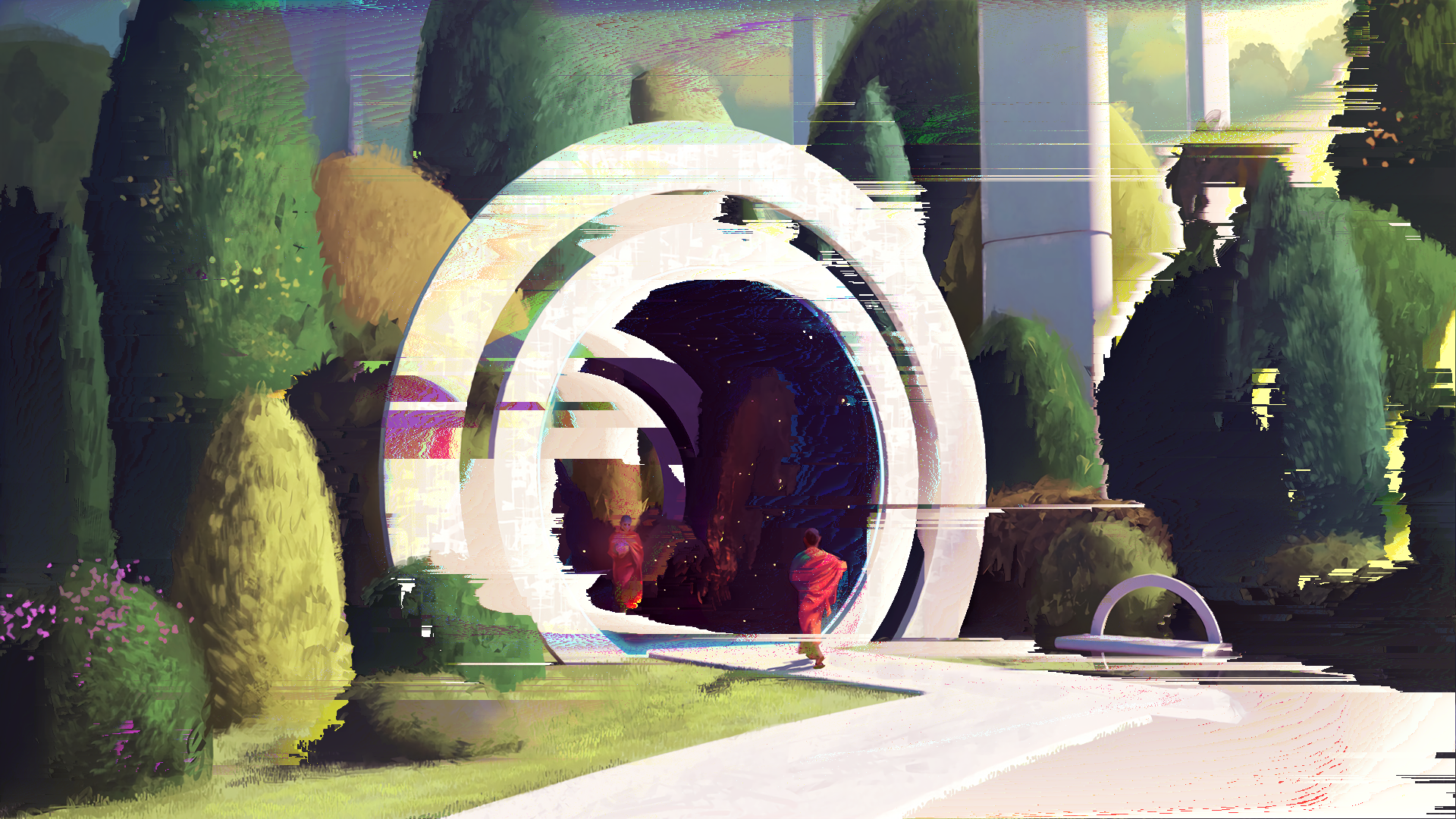 Glitch art of a painted garden with a white circular archway opening onto a starry void, broken up by bands of shifted color