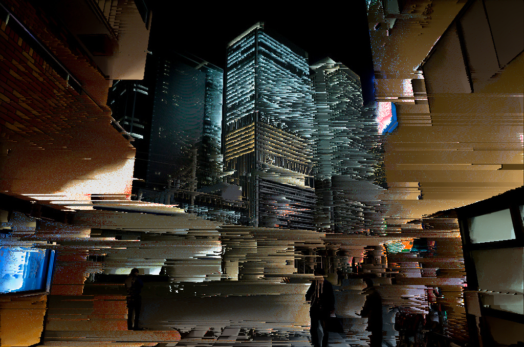 Glitch art of skyscrapers at night framed by warped buildings, with horizontal pixel smears across the street and people below