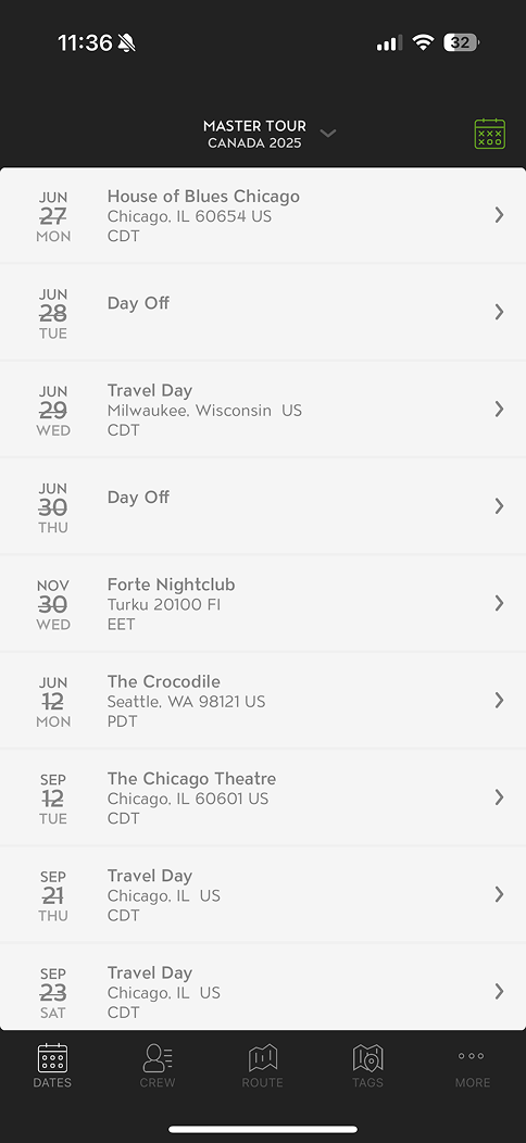 Original Master Tour mobile app opening on a Dates screen, a plain list of tour dates showing venue, city, and time zone for each day