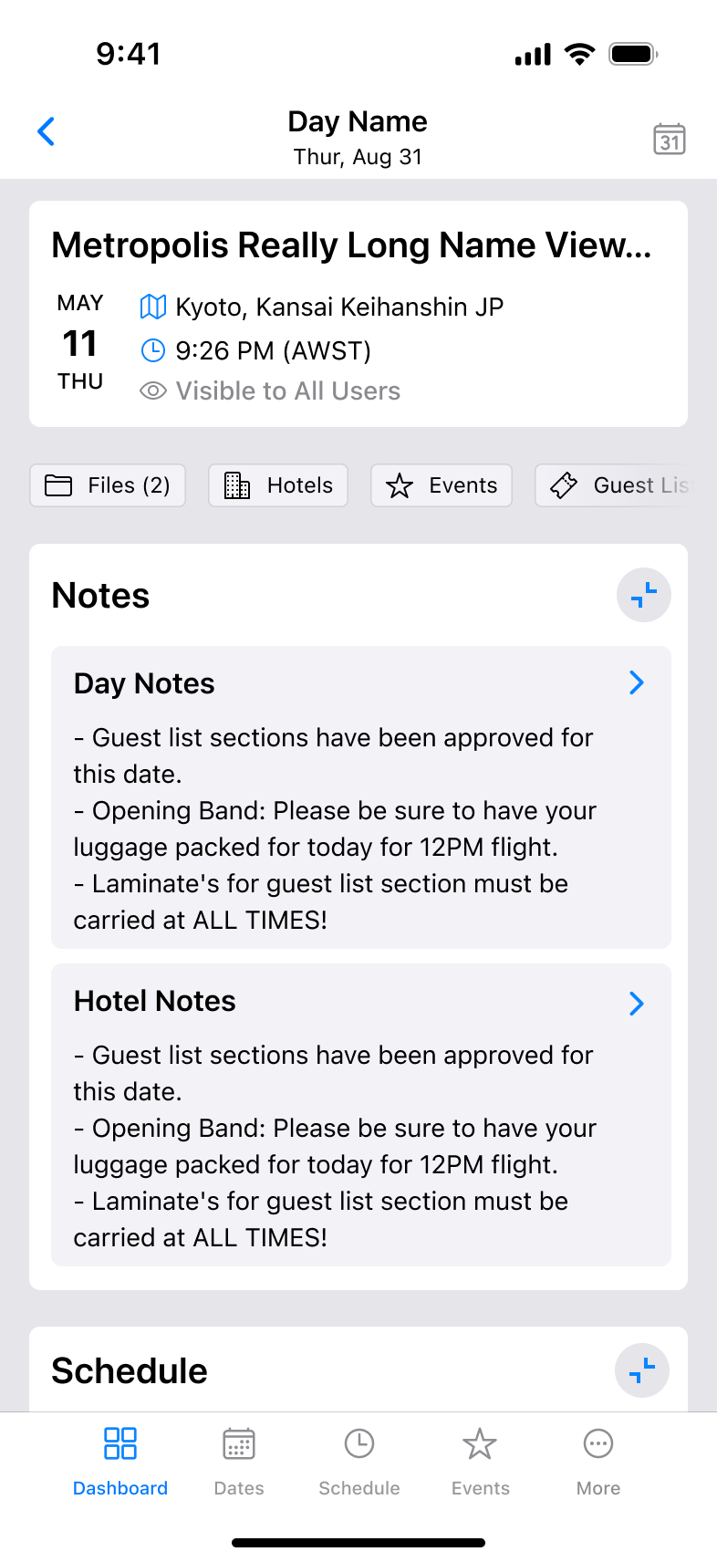 Released Master Tour mobile Dashboard for a single day, with venue details, shortcut buttons for Files, Hotels, Events, and Guest List, and stacked Day Notes and Hotel Notes