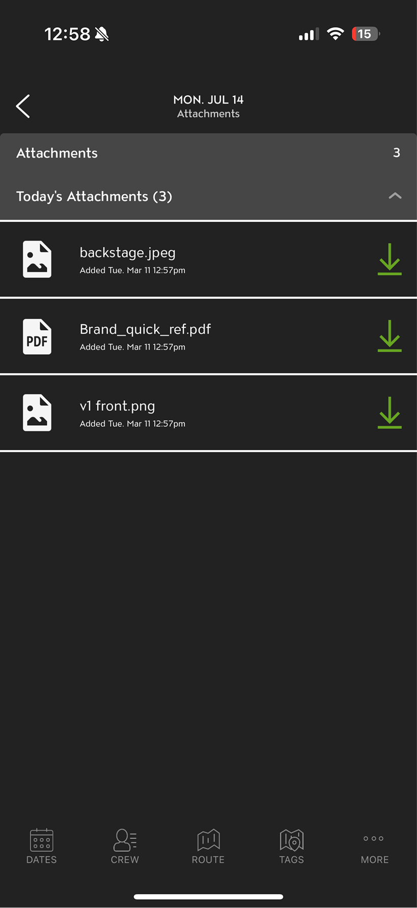 Original Master Tour mobile Attachments screen in dark mode, a single list of files for the day with a download button next to each