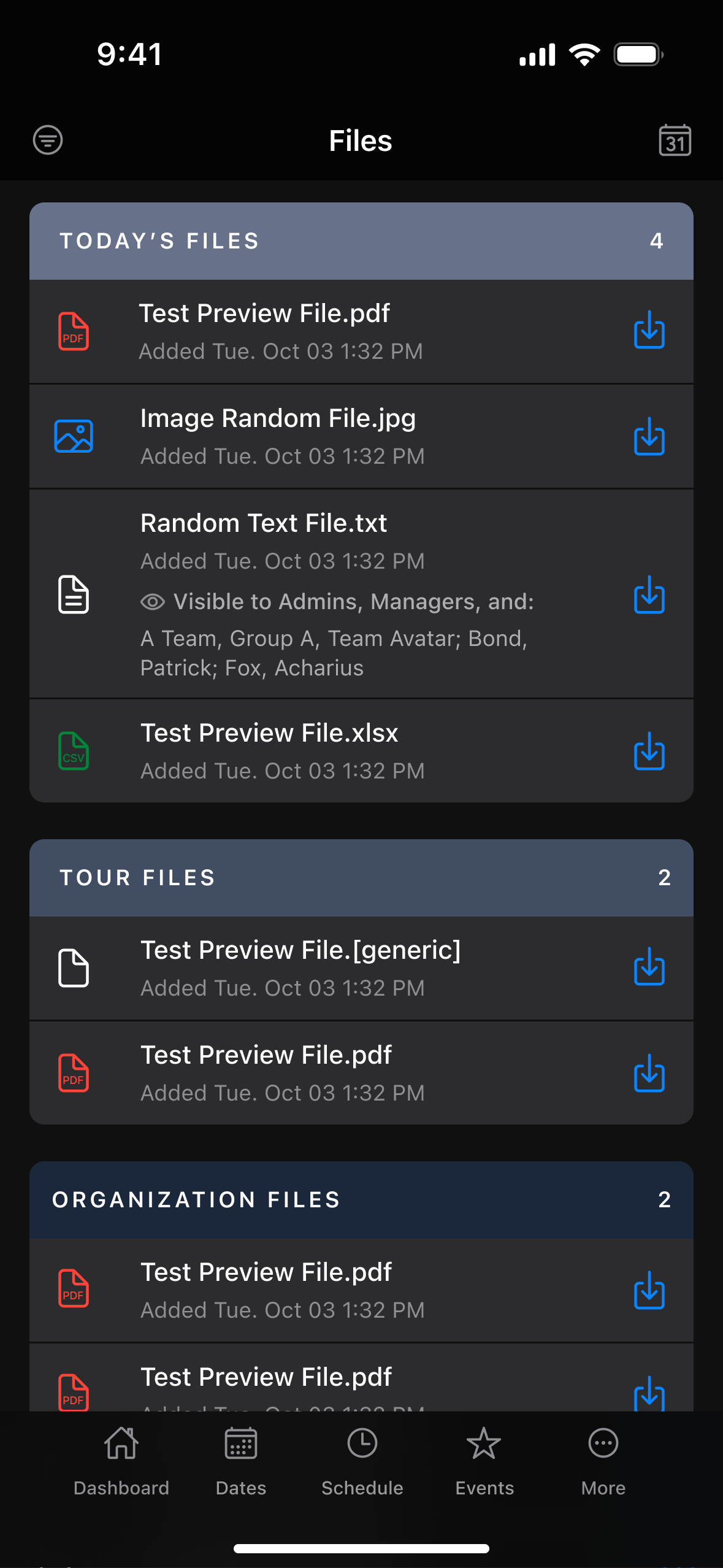 Redesigned Master Tour mobile Files screen in dark mode, with files grouped into Today's, Tour, and Organization sections, color-coded file type icons, and a note showing who each file is visible to