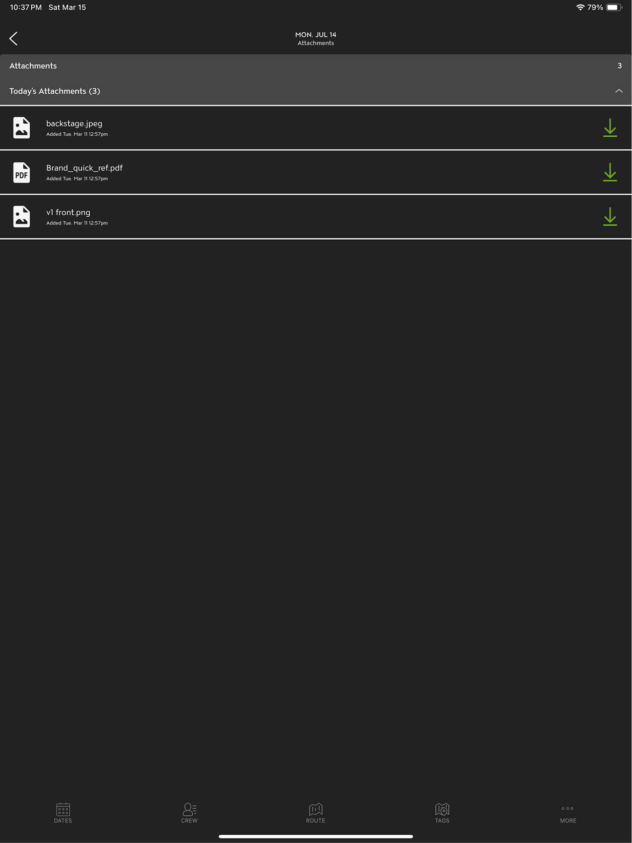 Original Master Tour Attachments screen on a tablet, a single list of three files stretched across the full width with most of the screen left empty