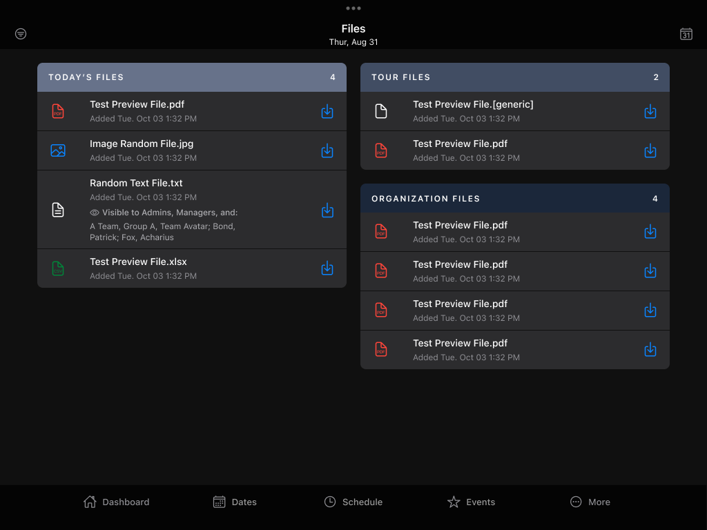 Redesigned Master Tour Files screen on a tablet in landscape, with the same two-column layout of Today's, Tour, and Organization files centered on a wider screen