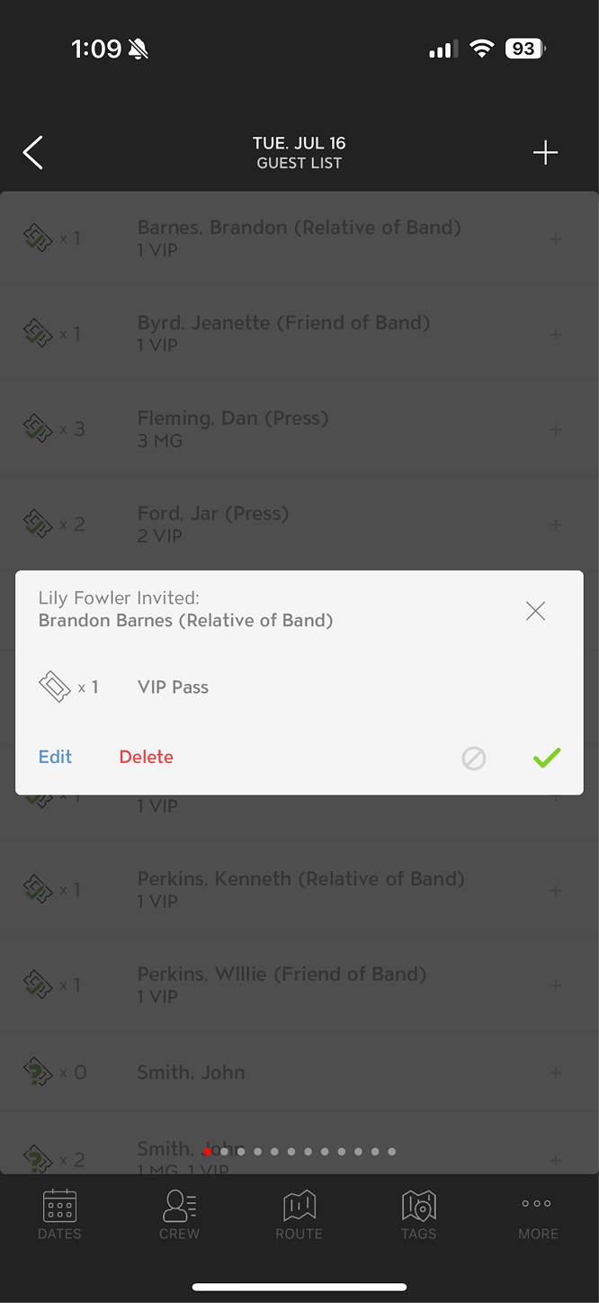 Original Master Tour mobile Guest List in dark mode, with a popup over the list showing one request's details and small Edit, Delete, decline, and approve controls