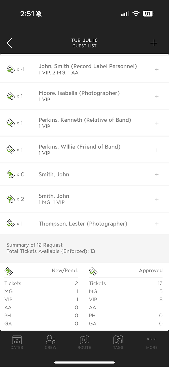 Original Master Tour mobile Guest List in light mode, a plain list of requests with a summary of ticket counts by type at the very bottom