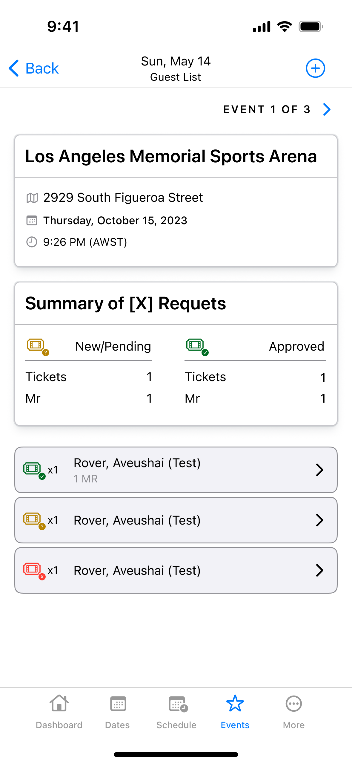 Draft of the redesigned Guest List, with the event details and a New or Pending versus Approved summary at the top, above color-coded request cards