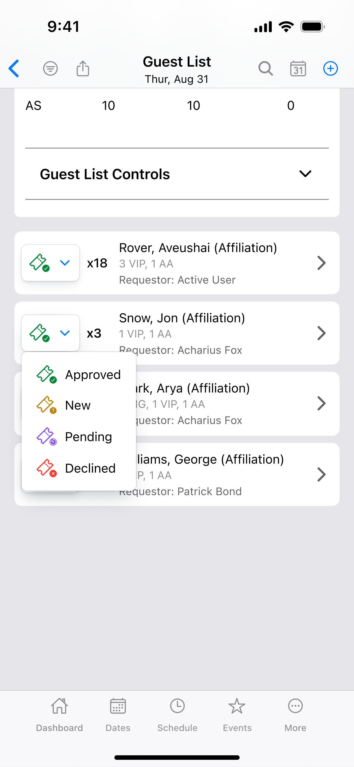 Final redesigned Guest List scrolled to the requests, with a status dropdown open on one request showing Approved, New, Pending, and Declined options