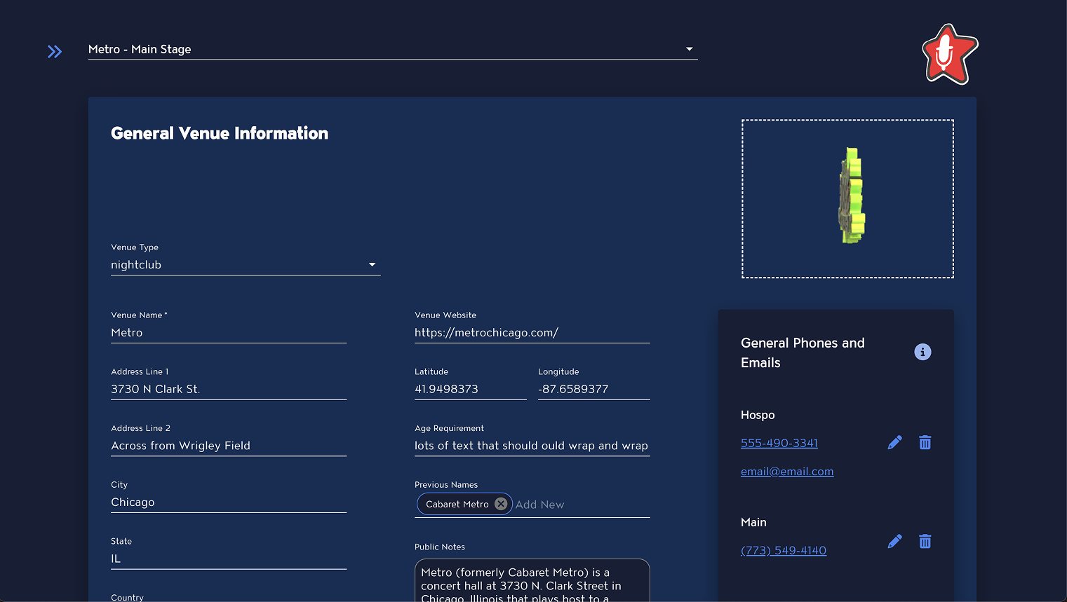 Proof of concept for Master Tour Venue, a General Venue Information form with fields for venue type, name, address, website, and phone numbers
