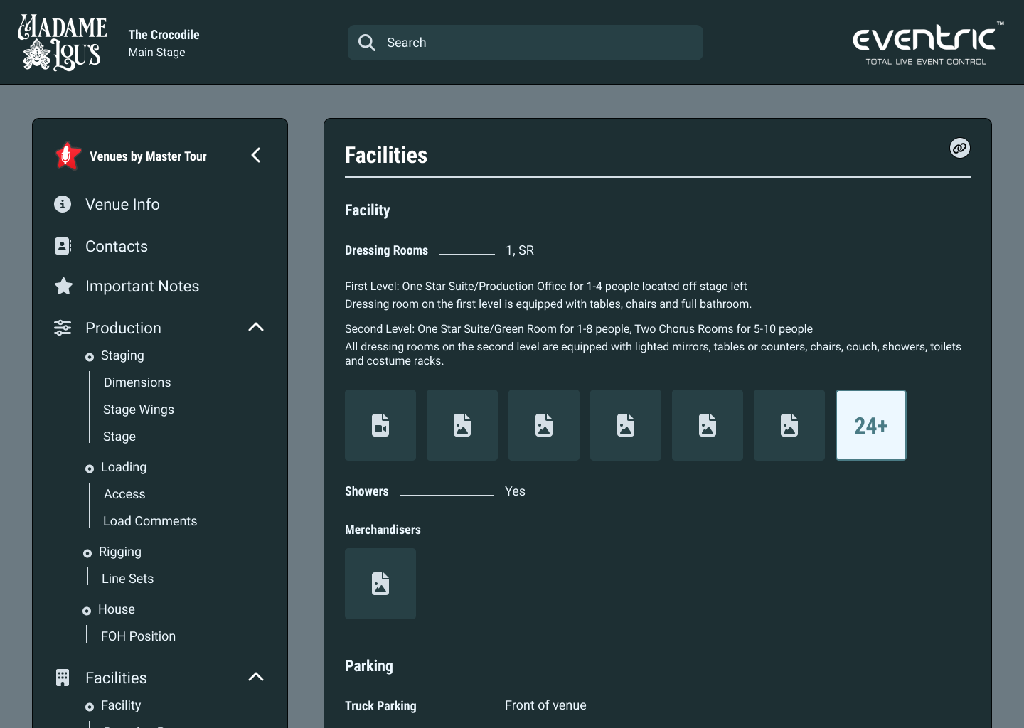 Contract designer's Tech Pack concept in a dark green color scheme, with a collapsible sidebar of production sections and a Facilities panel with image thumbnails
