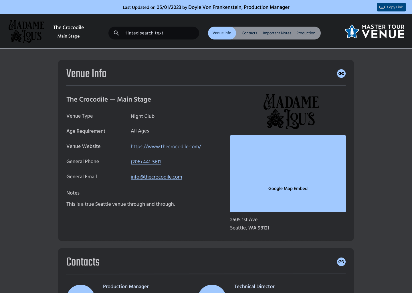 Redesigned Master Tour Venue Tech Pack, with a last-updated banner, search, section tabs, and a Venue Info card showing venue details next to a map
