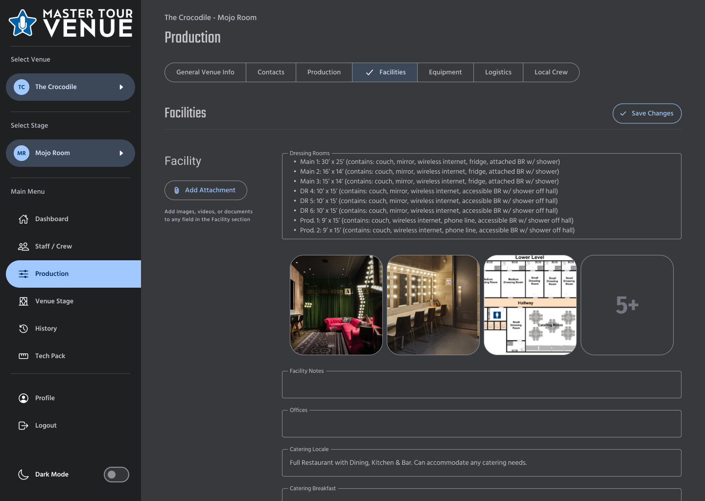 Redesigned Master Tour Venue Admin Dashboard on the Facilities tab, with venue and stage pickers in the sidebar, dressing room details, and photo attachments