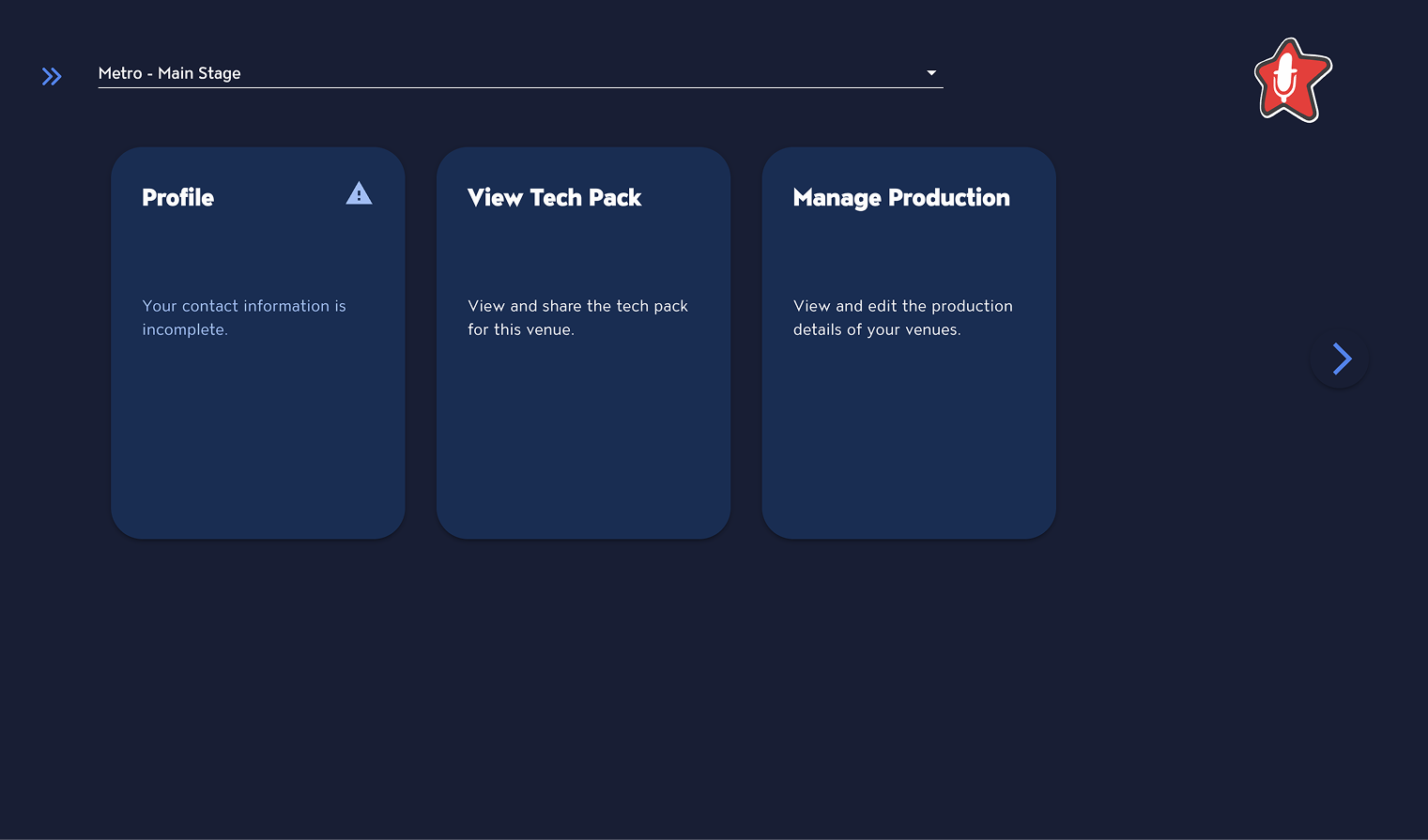 Proof of concept for Master Tour Venue, a dark blue dashboard with a venue picker and cards for Profile, View Tech Pack, and Manage Production