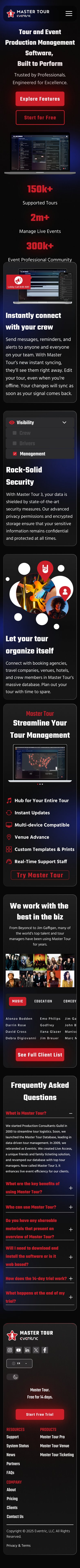 Full-page mobile design of the Master Tour marketing website, with the same sections stacked in a single column