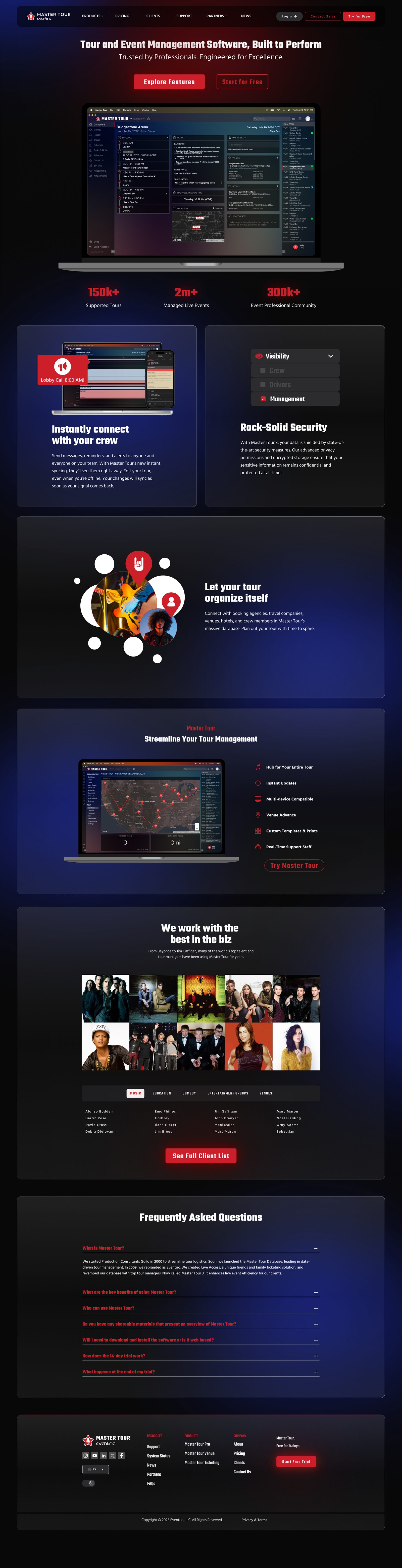 Full-page desktop design of the Master Tour marketing website in a dark theme, with a hero and product screenshot, usage stats, feature cards, a client photo grid, FAQs, and footer