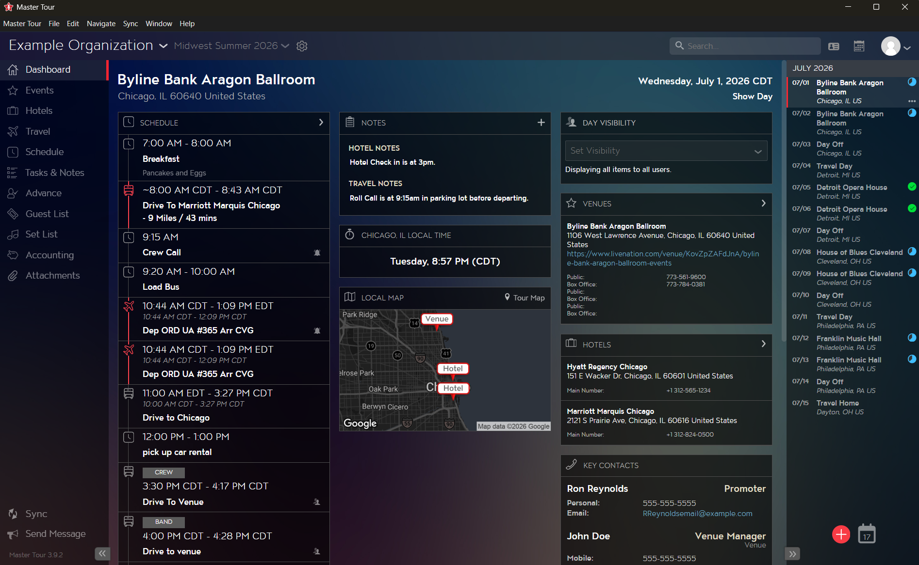 Master Tour Desktop app on the Dashboard for a show day, with a sidebar menu, the day's schedule, notes, local map, venue and hotel details, key contacts, and a list of tour dates