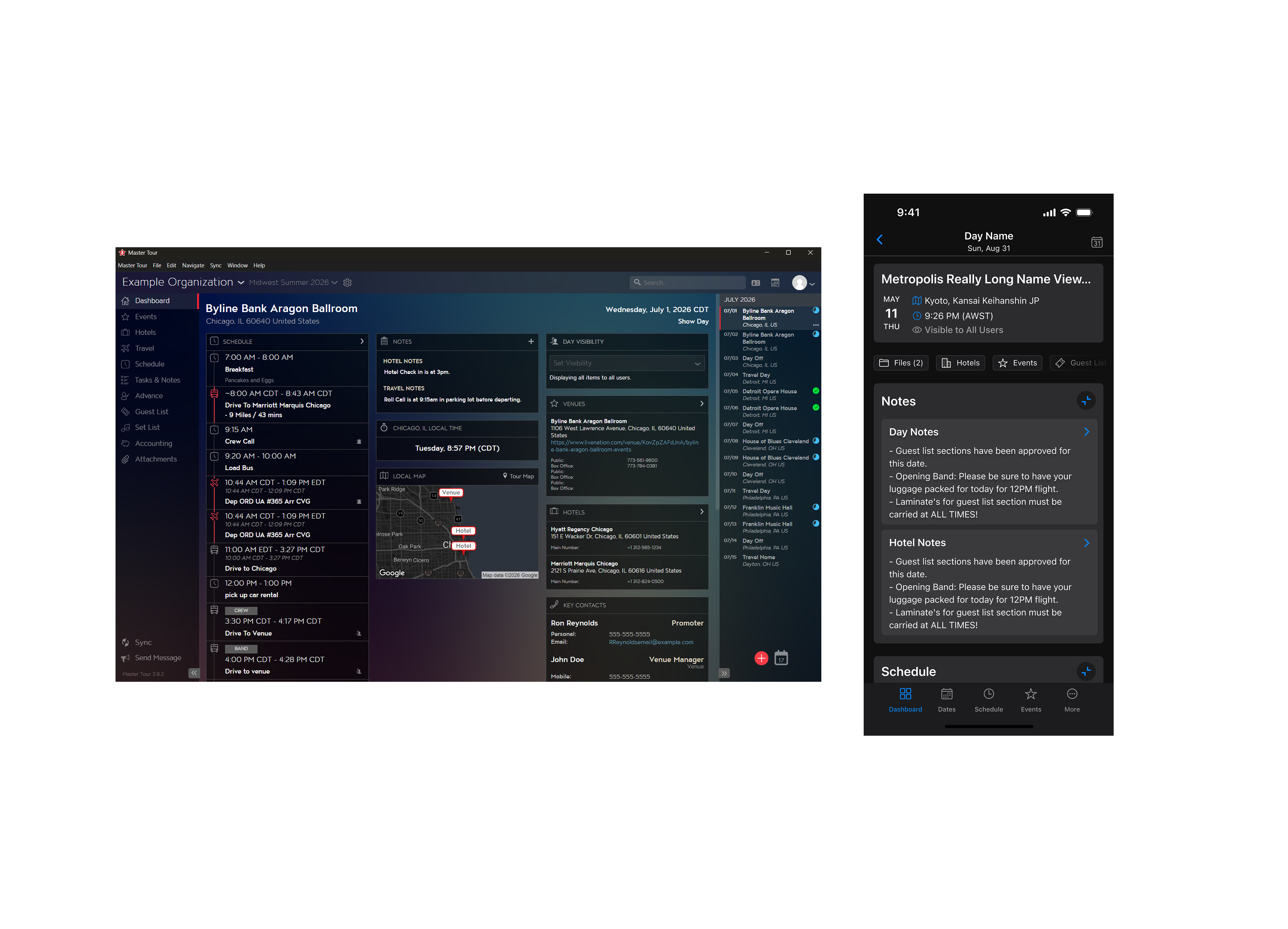 Two screenshots of event management software interfaces: left side shows a desktop dashboard of scheduled activities, notes, map location, venues, hotels, key contacts, and a calendar for July 2026; right side shows a mobile view with a daily agenda including event name, time, location, notes for guests and hotel, and a schedule navigation bar.