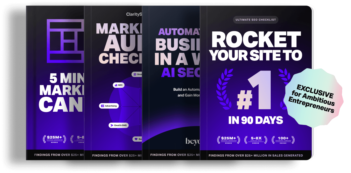 Four purple-themed marketing and SEO guide covers with titles including '5 Minute Marketing Canvas,' 'Marketing Audit Checklist,' 'Automate Business in a Week AI SEO,' and 'Rocket Your Site to #1 in 90 Days' labeled exclusive for ambitious entrepreneurs.