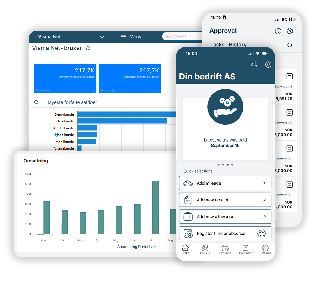 Skjermbilder som viser Visma Net i en collage.