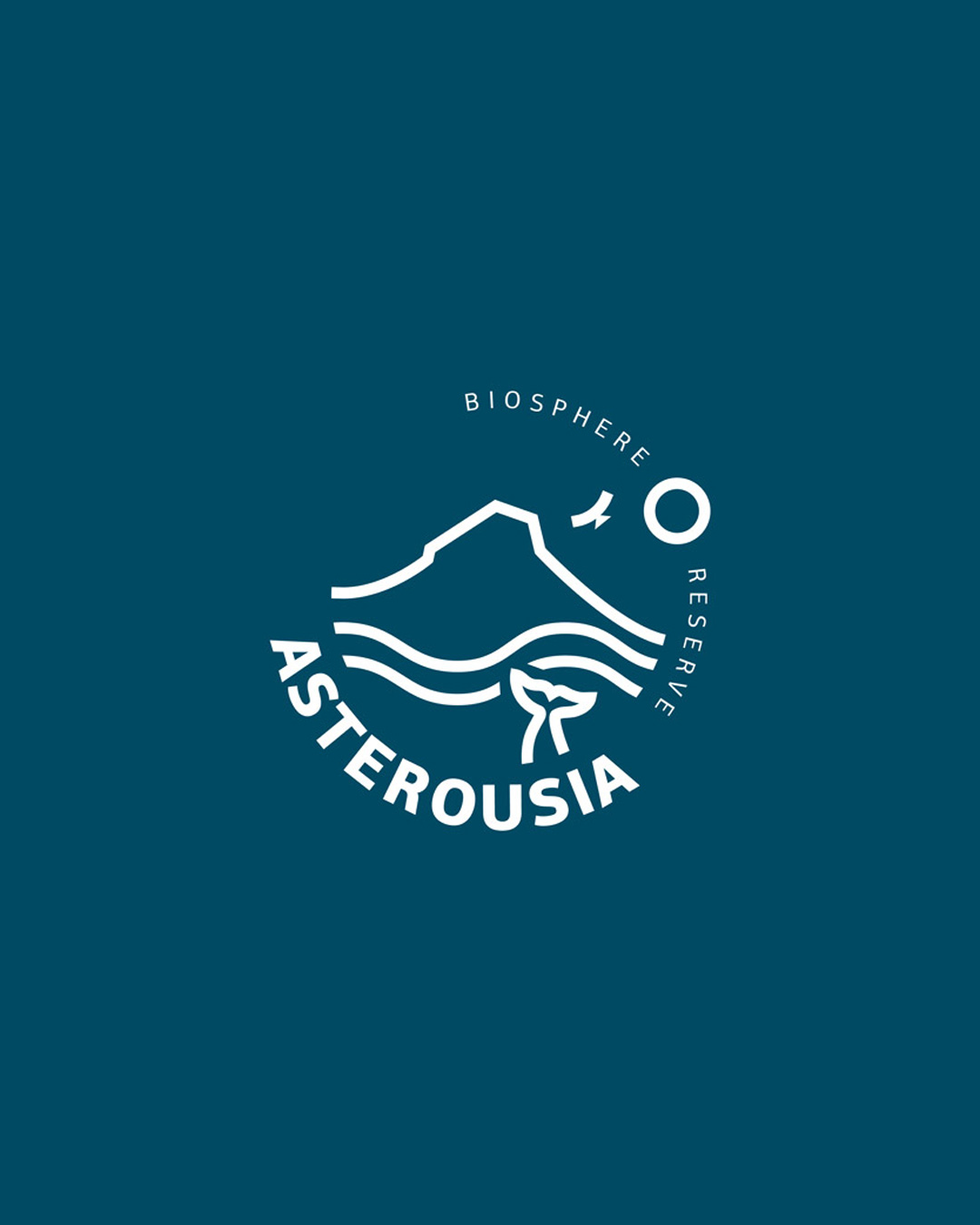 Asterousia Biosphere Reserve stamp logo — mountain, waves and bird on deep teal — Asterousia Mountains by Lazy snail Design