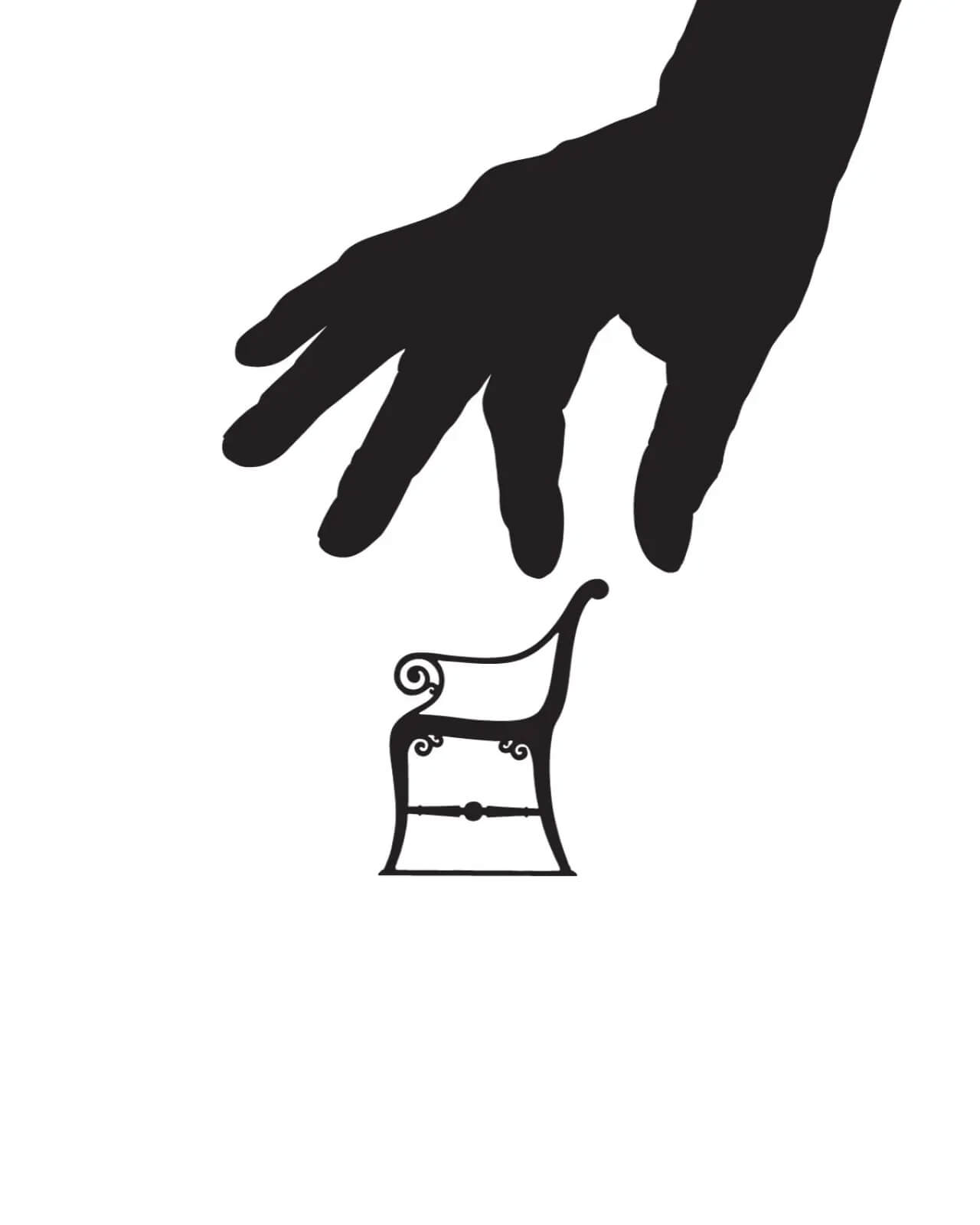 Giant silhouette hand reaching toward a tiny 1:12 scale Copenhagen park bench — Byens Design Danmark by Lazy snail Design