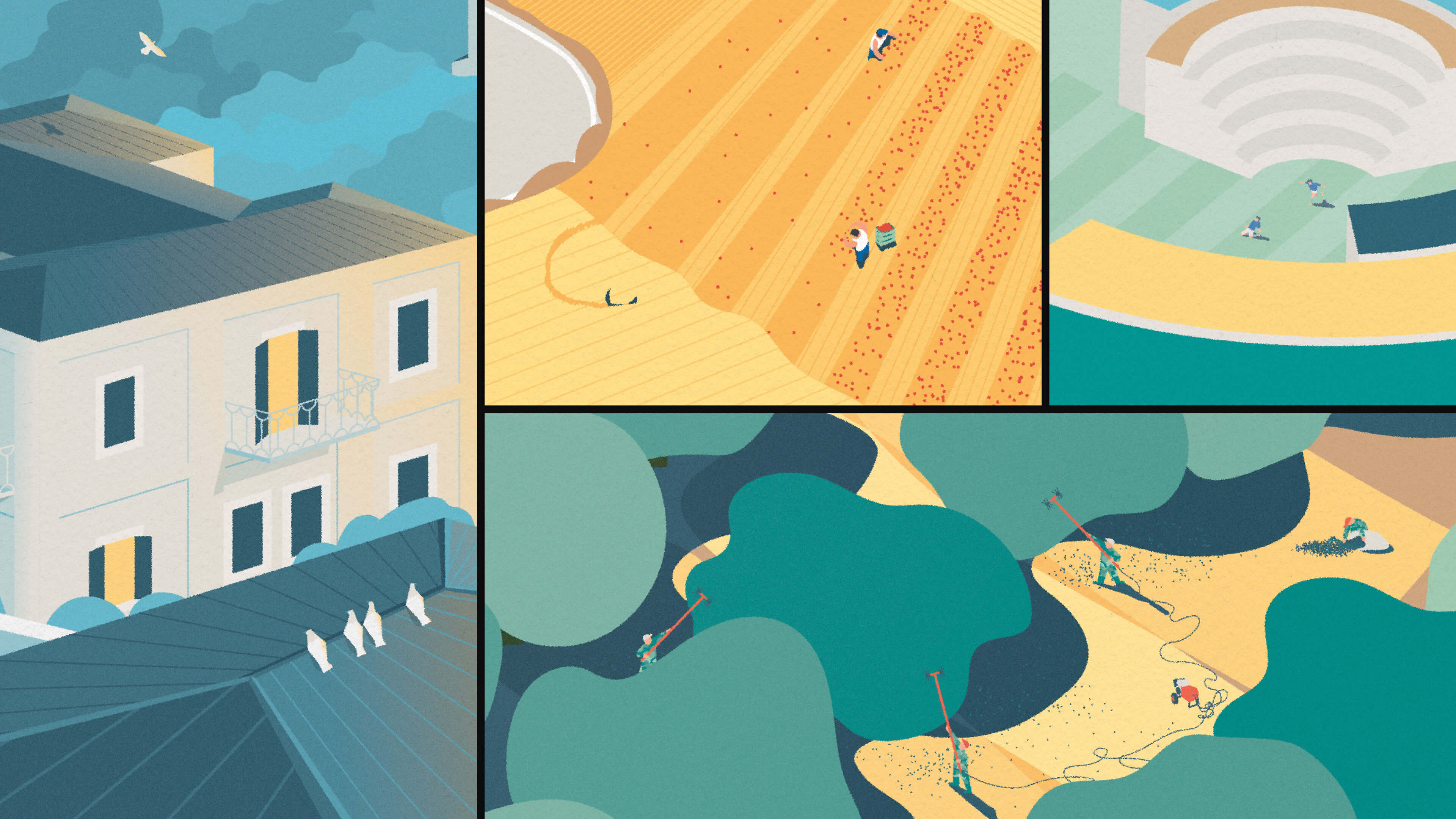 CLLD LEADER bilingual publication for the Development Agency of Heraklion — bird's-eye Cretan landscape illustrations and flexible grid layout, plus an interactive digital edition — CLLD LEADER by Lazy snail Design