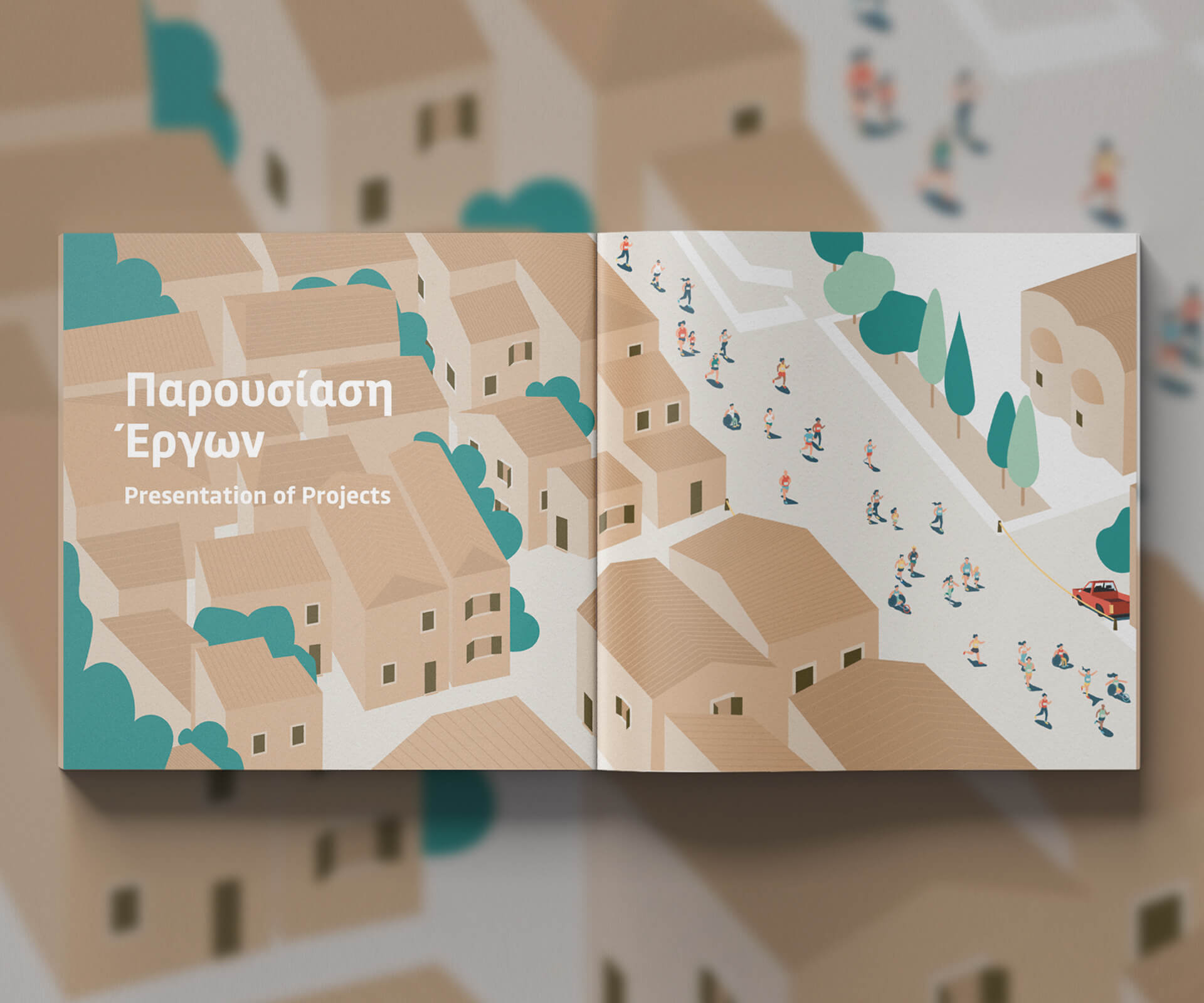 CLLD LEADER bilingual publication for the Development Agency of Heraklion — bird's-eye Cretan landscape illustrations and flexible grid layout, plus an interactive digital edition — CLLD LEADER by Lazy snail Design