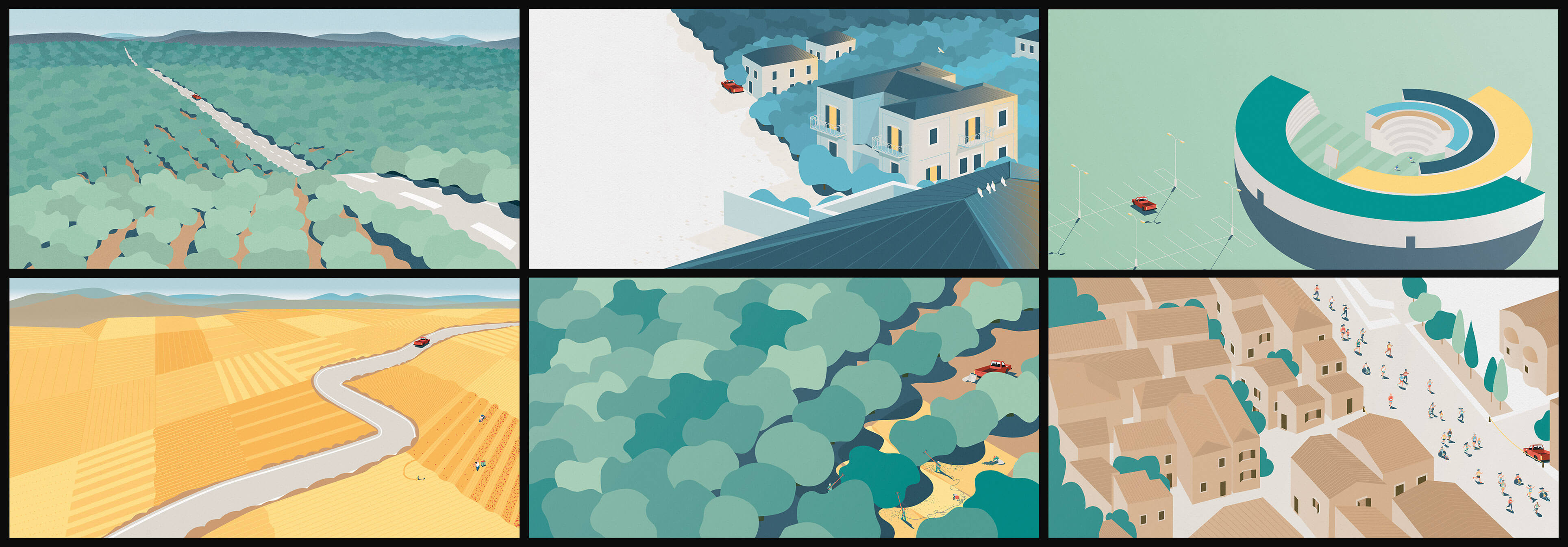 CLLD LEADER bilingual publication for the Development Agency of Heraklion — bird's-eye Cretan landscape illustrations and flexible grid layout, plus an interactive digital edition — CLLD LEADER by Lazy snail Design