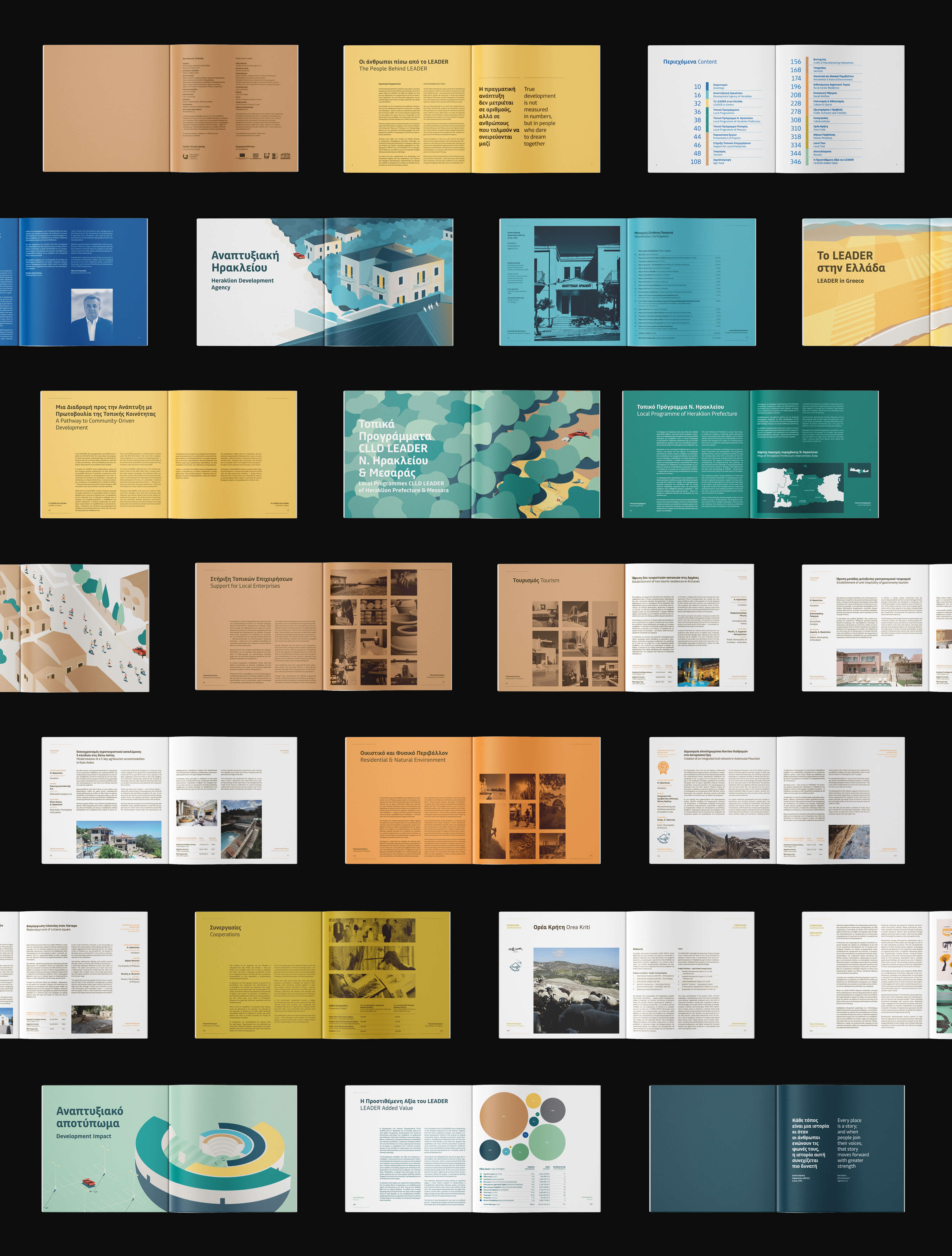 CLLD LEADER bilingual publication for the Development Agency of Heraklion — bird's-eye Cretan landscape illustrations and flexible grid layout, plus an interactive digital edition — CLLD LEADER by Lazy snail Design