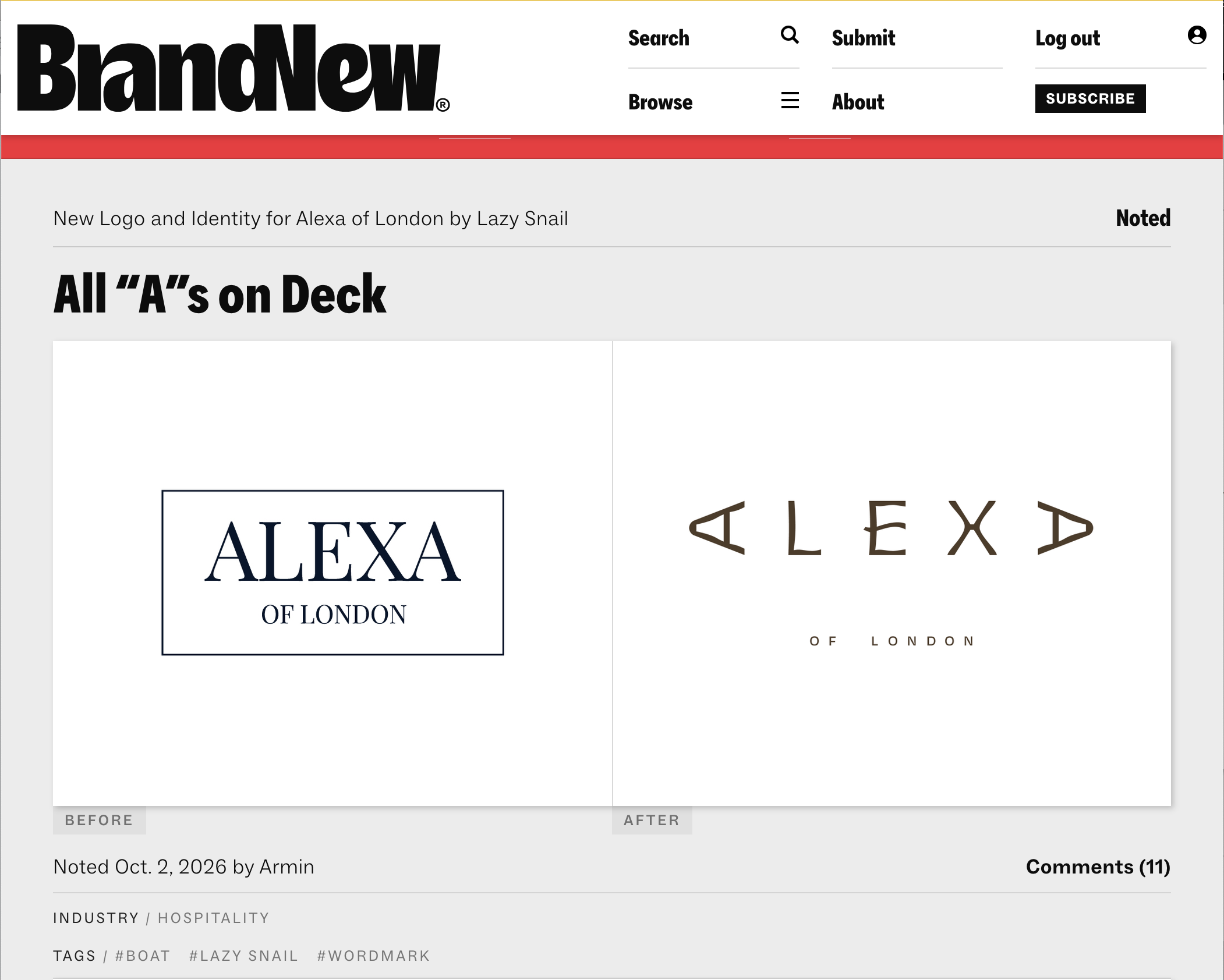 Brand New feature showing Alexa of London’s original logo alongside the new identity designed by Lazy snail Design.