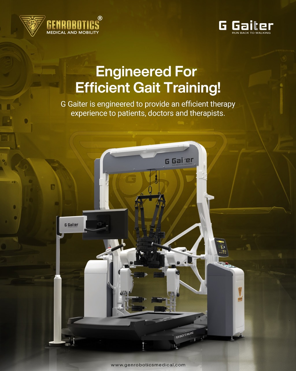 G Gaiter robotic gait training machine with harness and monitor, designed for efficient physical therapy.