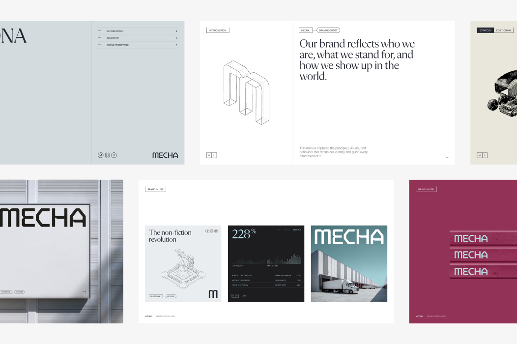 Brand identity system for Mecha: logo, stationery and layouts