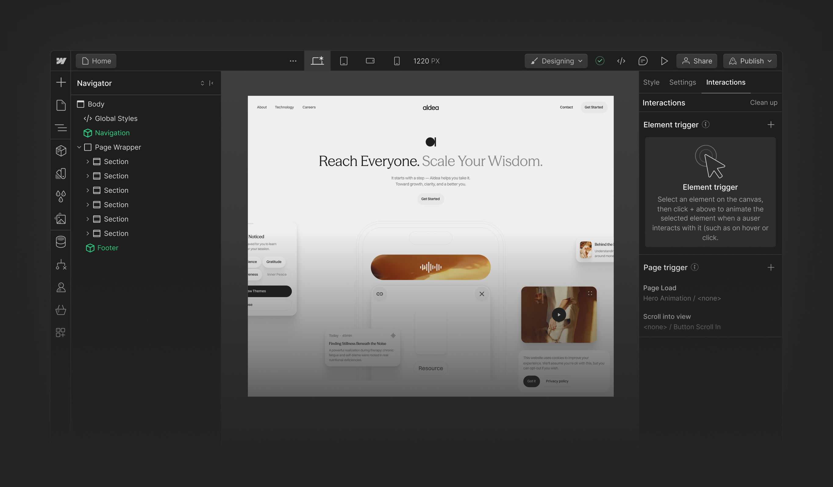 Webflow Designer with a website build in progress