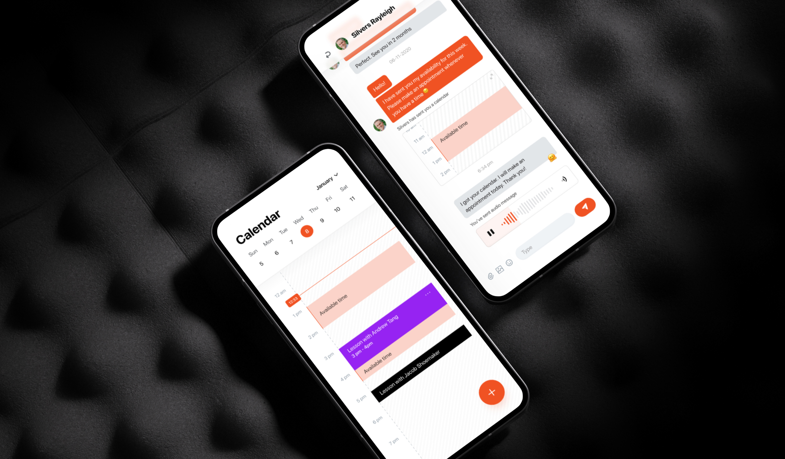 Mobile app screens on a dark background