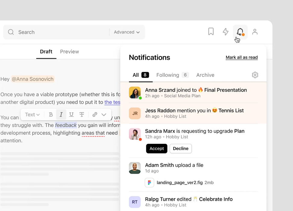 Web app notifications screen