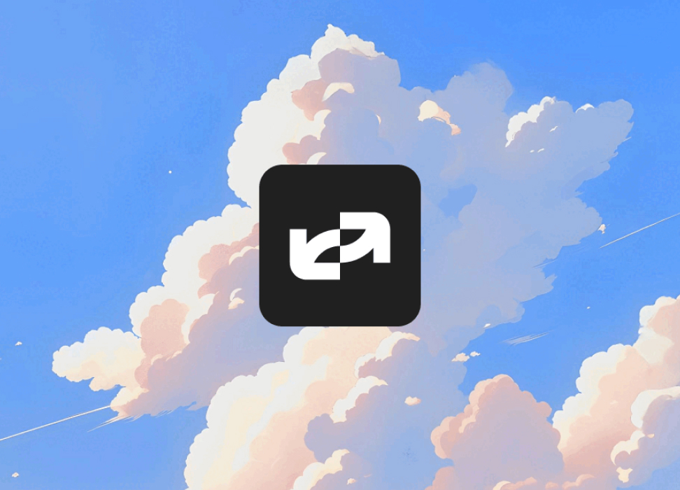 Brand logo mark on a sky with clouds
